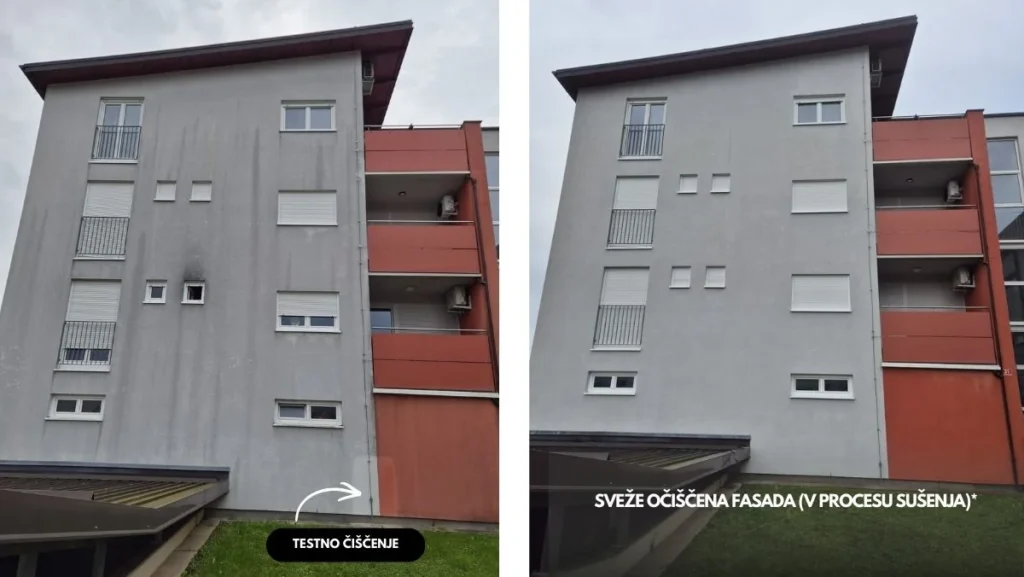 testno čiščenje fasade bloka pred in po – razlika v videzu fasade